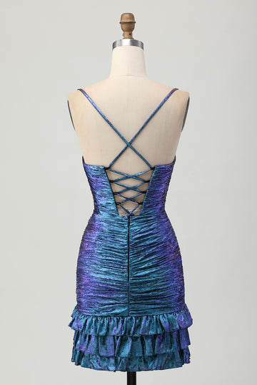 Metallic Blue Purple Cut Out Ruched Bodycon Homecoming Dress